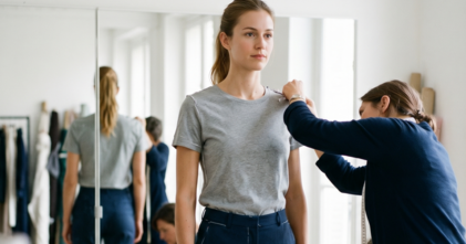 Casting femme mannequin cabine faisant du 36 pour essayages de vêtements